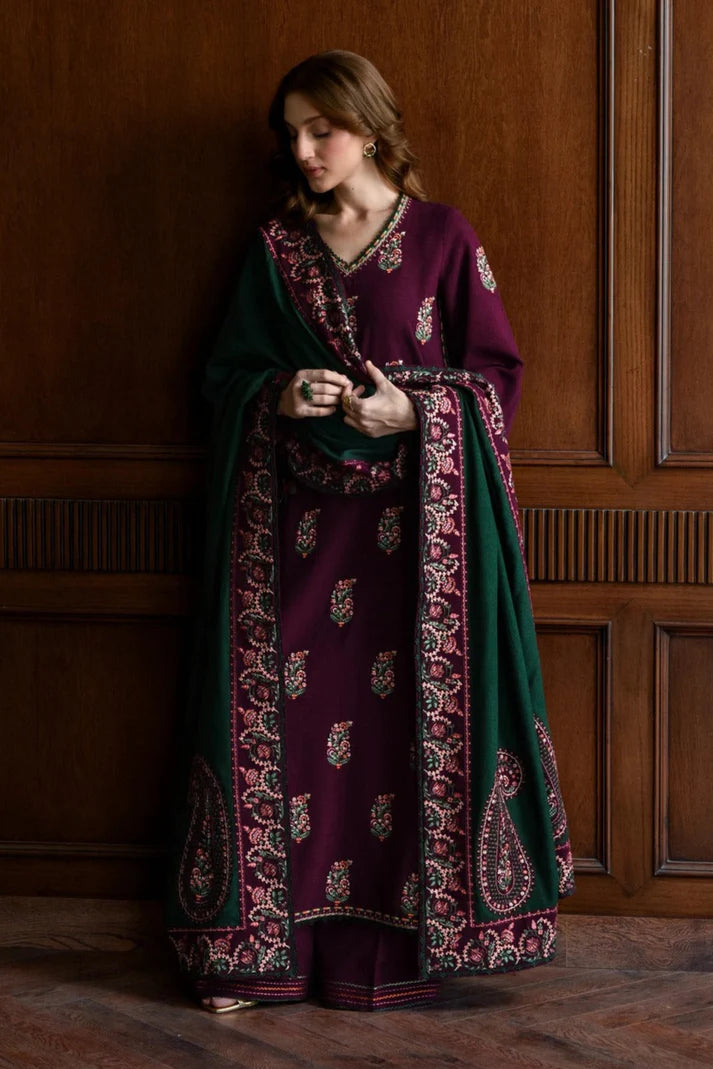 JAZMIN - 3PC DHANAK EMBROIDERED SHIRT WITH DHANAK EMBROIDERED SHAWL AND TROUSER - zab1240