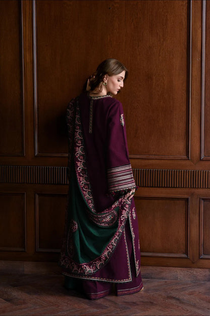 JAZMIN - 3PC DHANAK EMBROIDERED SHIRT WITH DHANAK EMBROIDERED SHAWL AND TROUSER - zab1240