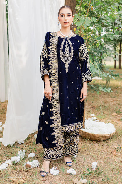 3PCs Velvet Embroidered Dress With Velvet Embroidered Shawl - zab967