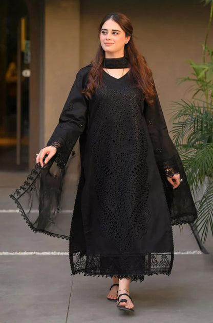 3PC Lawn Chikankari Embroidered Shirt with Monar Embroidered Dupatta and Trouser - zab1440