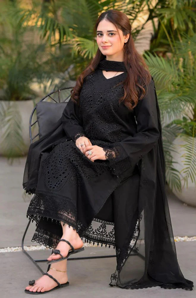 3PC Lawn Chikankari Embroidered Shirt with Monar Embroidered Dupatta and Trouser - zab1440