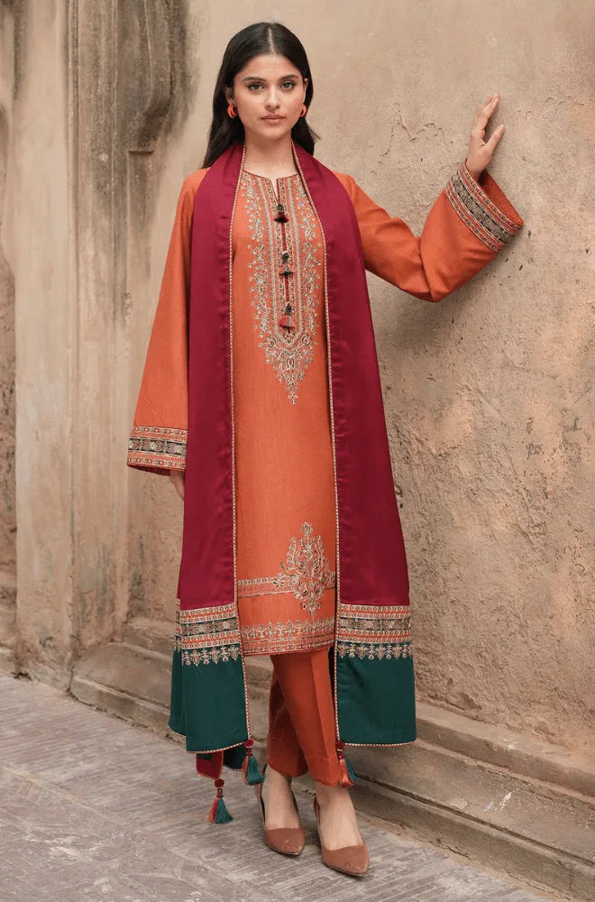 Jazmin - 3PC Dhanak Embroidered Shirt With Wool Printed Dupatta and Trouser - zab1509