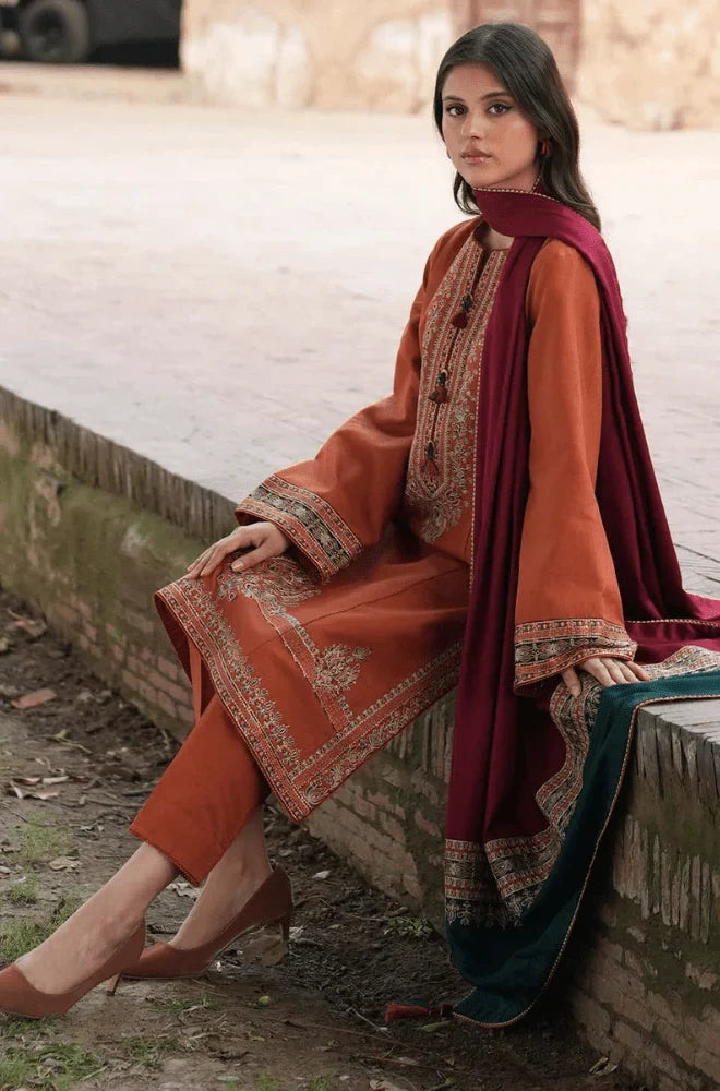 Jazmin - 3PC Dhanak Embroidered Shirt With Wool Printed Dupatta and Trouser - zab1509