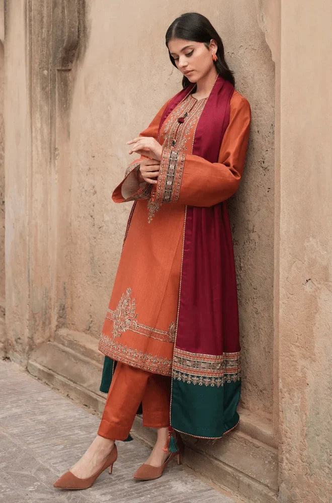 Jazmin - 3PC Dhanak Embroidered Shirt With Wool Printed Dupatta and Trouser - zab1509