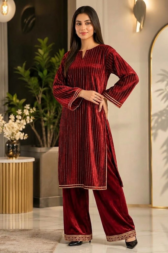 SwagiWear - 2PC Velvet chamki lining Velvet Suit - zab1561