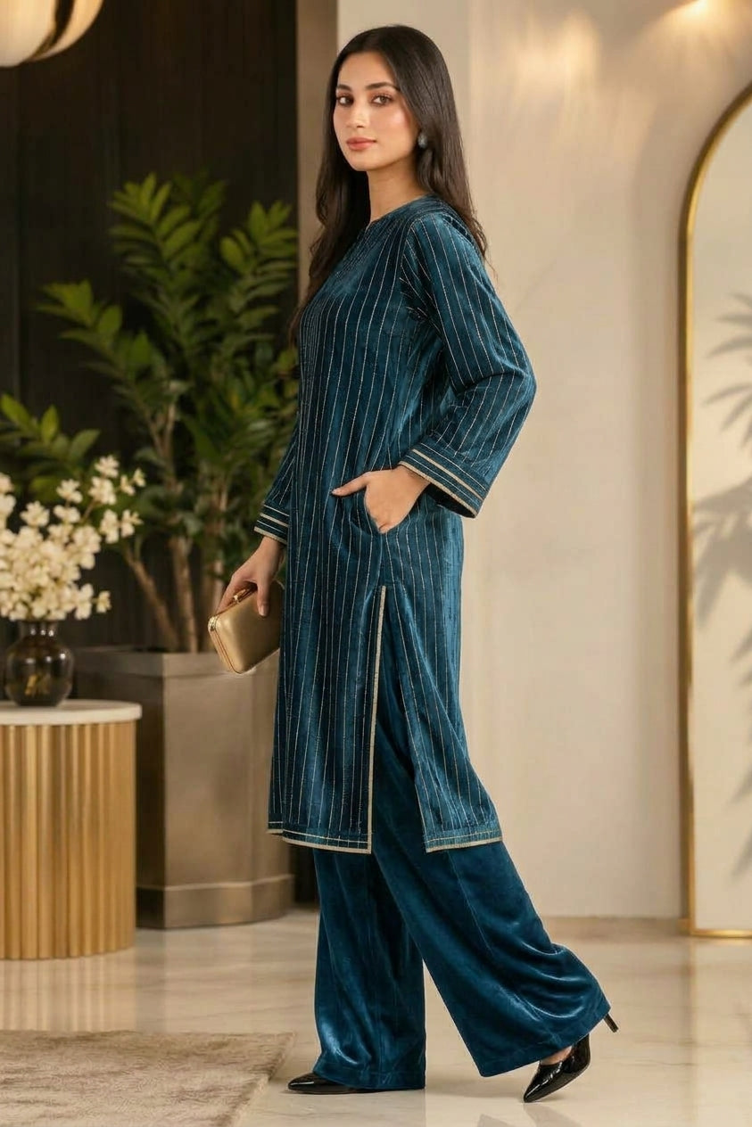 ZAB - 2PC Velvet chamki lining Velvet Suit - zab1563