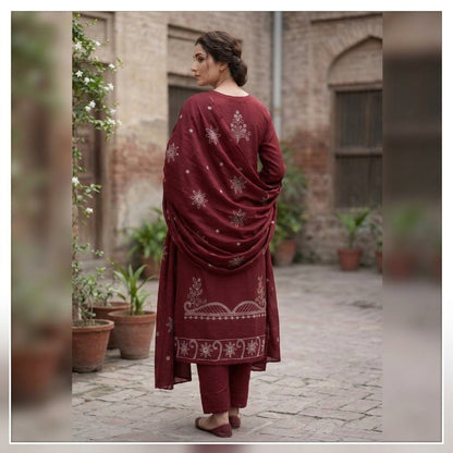 ZAB- Winter 3PC Slub Linen Embroidered Suit - zab1553