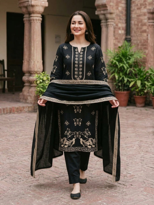 Agha Noor - Winter 3PC Dhanak Embroidered Suit - zab1549