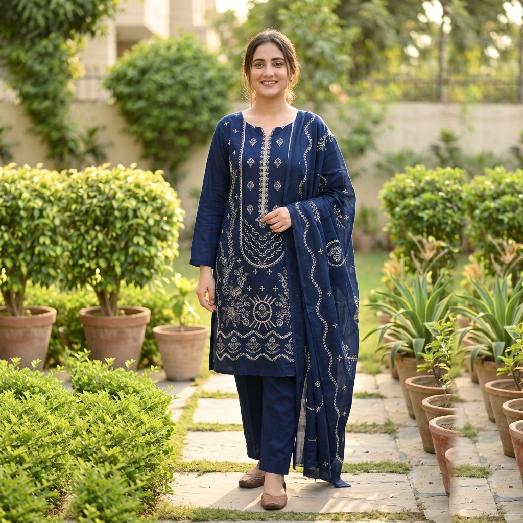 ZAB- Winter 3PC Slub Linen Embroidered Suit - zab1552