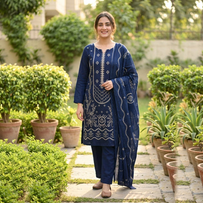 ZAB- Winter 3PC Slub Linen Embroidered Suit - zab1552