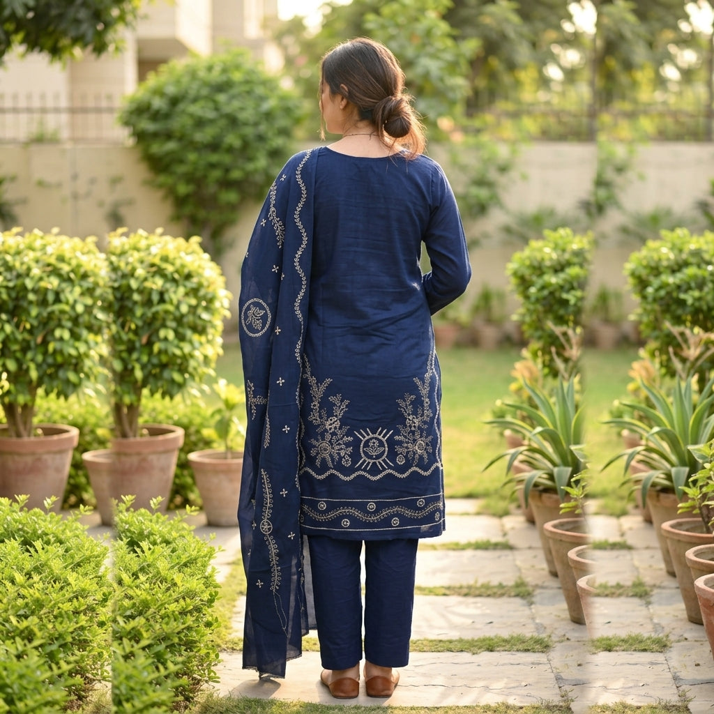 ZAB- Winter 3PC Slub Linen Embroidered Suit - zab1552