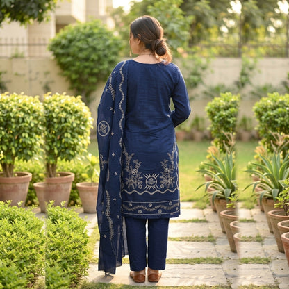 ZAB- Winter 3PC Slub Linen Embroidered Suit - zab1552