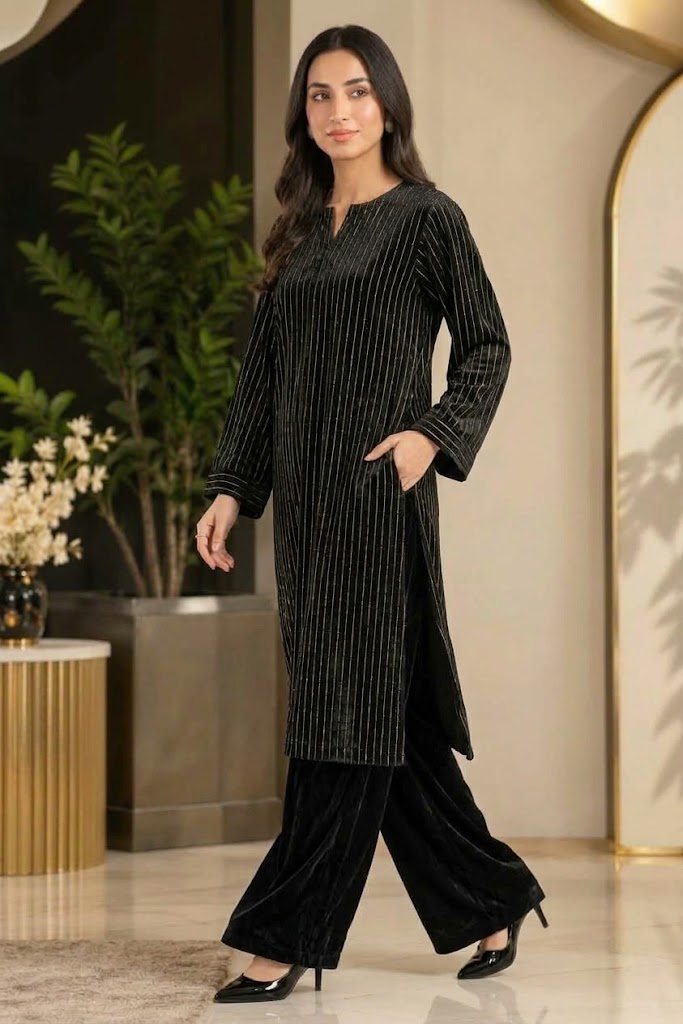 SwagiWear - 2PC Velvet chamki lining Velvet Suit - Sw1562