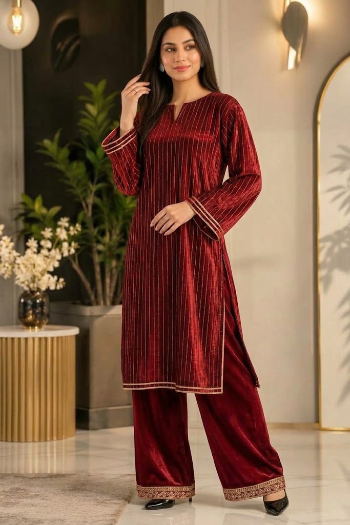 SwagiWear - 2PC Velvet chamki lining Velvet Suit - zab1561