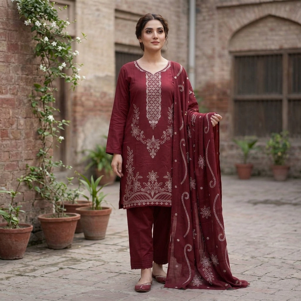 ZAB- Winter 3PC Slub Linen Embroidered Suit - zab1553