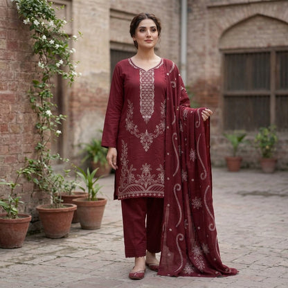 ZAB- Winter 3PC Slub Linen Embroidered Suit - zab1553