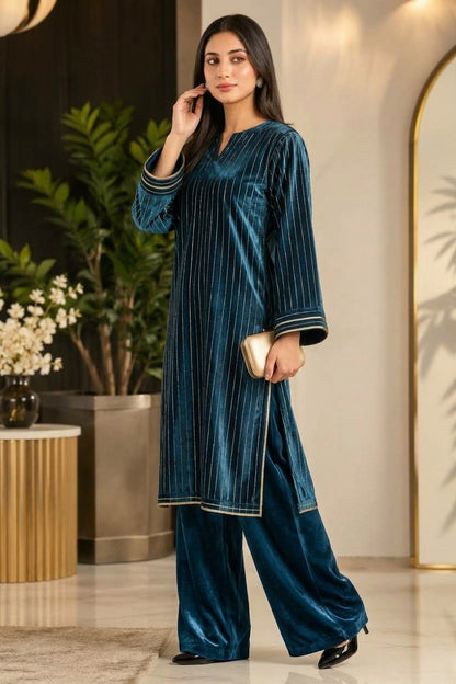 ZAB - 2PC Velvet chamki lining Velvet Suit - zab1563