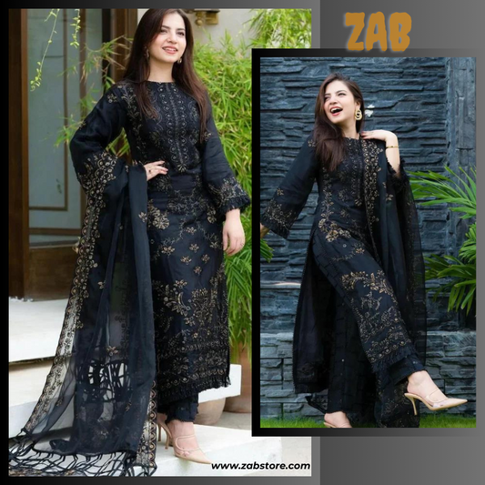 Zab320 NISA - 3PC Dhanak Embroidered Shirt With Orgenza Embroidered Dupatta