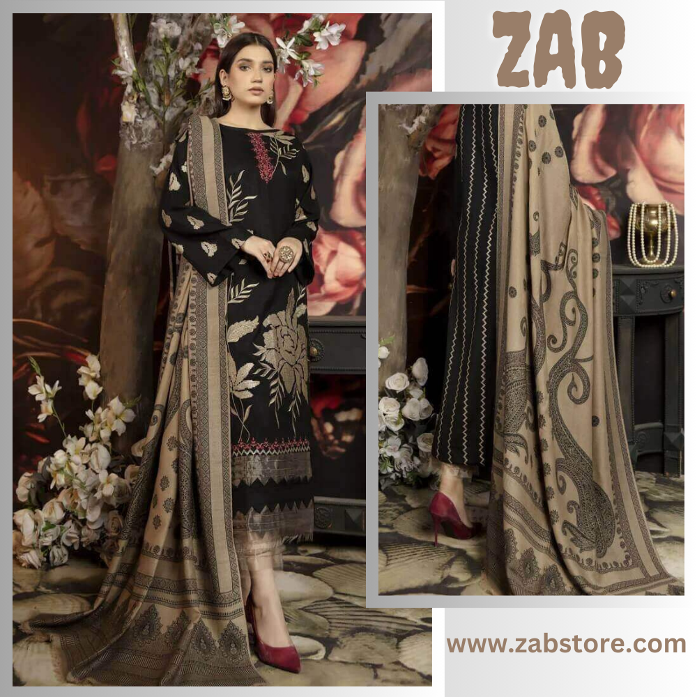 ZAB642 3 Piece Unstitched Heavy Embroidered Dhanak Suit (Print Woolen Dupatta)