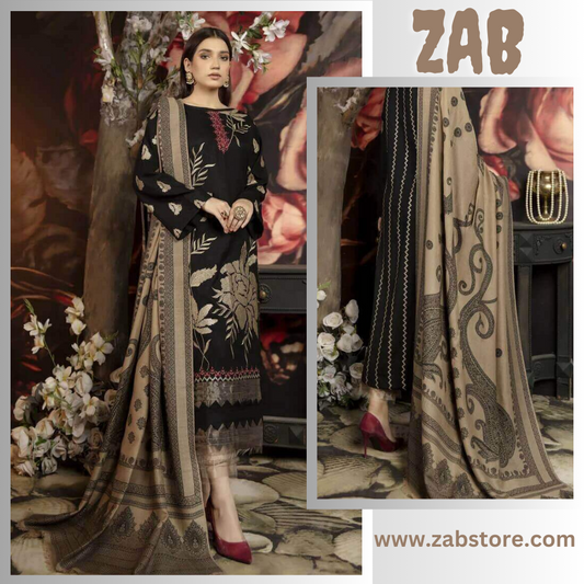 ZAB642 3 Piece Unstitched Heavy Embroidered Dhanak Suit (Print Woolen Dupatta)
