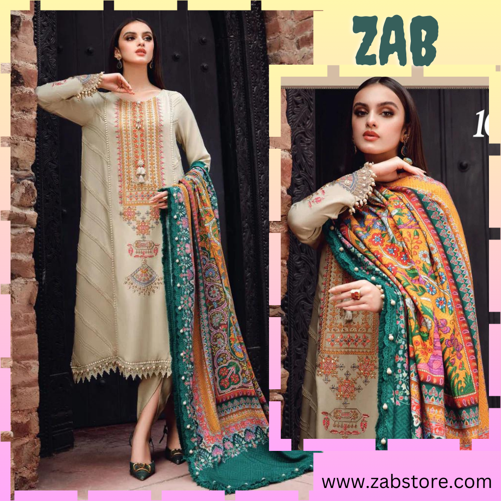 Zab318 3PC Dhanak suit with Print Wool Shawll