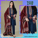 Zab2094 3PC Linen Embroidered suit with Embroidered Shawll