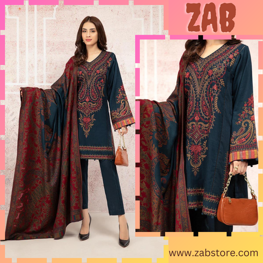 zab658 3PC Khaddar Embroidered Suit with Print Wool Shawl