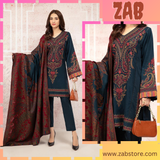 zab658 3PC Khaddar Embroidered Suit with Printed Wool Shawl