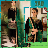 zab953 3-Piece Unstitched Heavy Embroidered Velvet Suit ( Four Sided Embroidered Organza Dupatta )