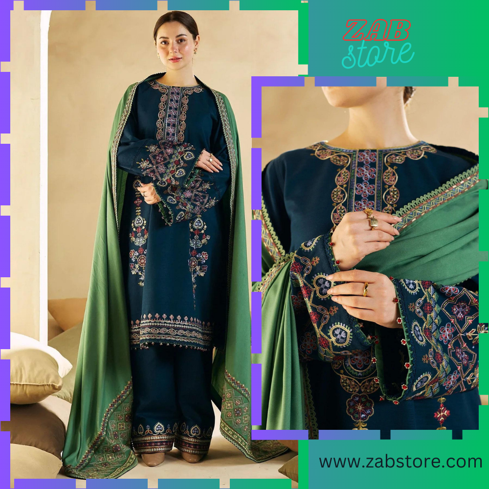 zab669 Embroidered Dhanak Suit with Heavy Embroidered Dhanak Shawl