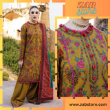 ZAB673 3-Piece Unstitched Heavy Embroidered Dhanak Wool Suit ( Printed Woolen Shawl )