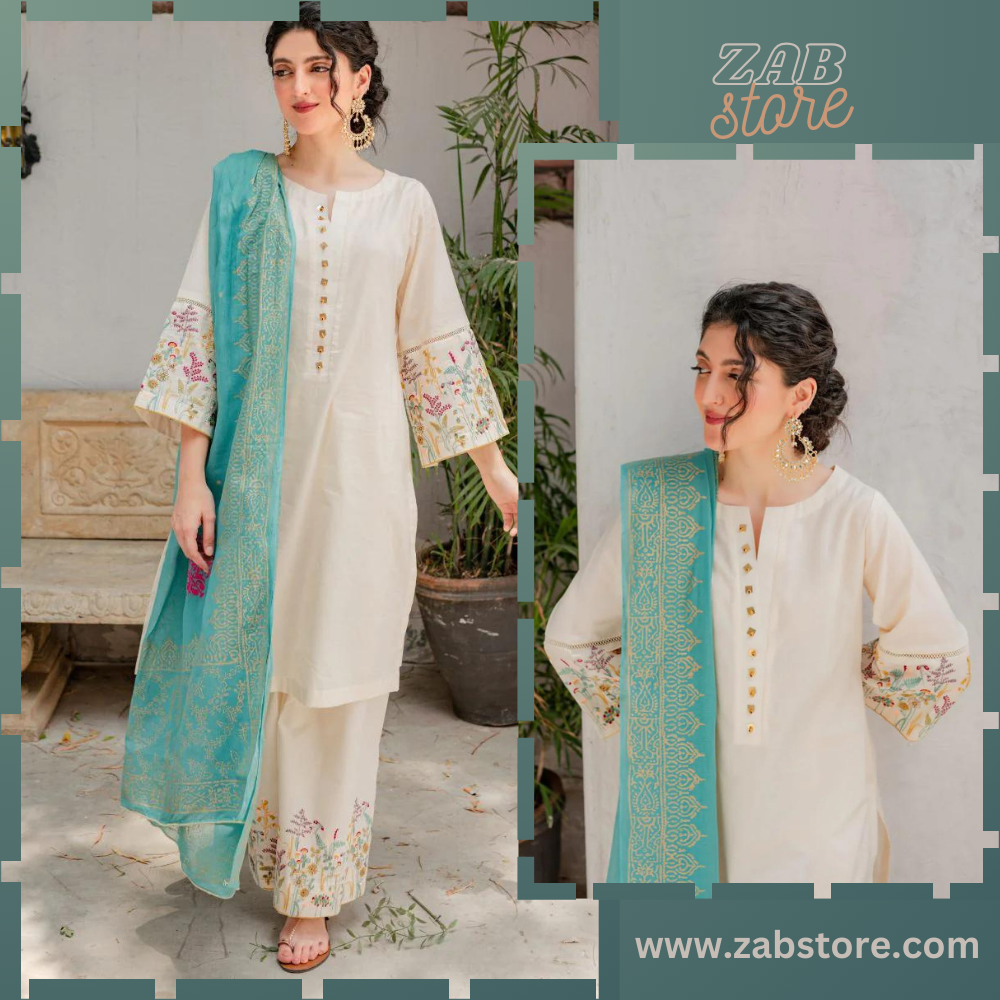 zab683 off white Dhanak Embroidered three piece With Dhanak Shawl