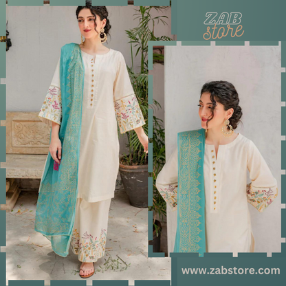zab683 off white Dhanak Embroidered three piece With Dhanak Shawl