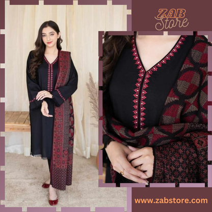 zab685 3PC Dhanak Embroidered Suit With Digital Print Shawl