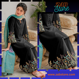 zab683/2 Black Dhanak Embroidered three piece With Dhanak Shawl