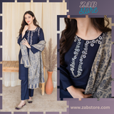 zab694 3-PC Dhanak suit with Embroidered Shawl