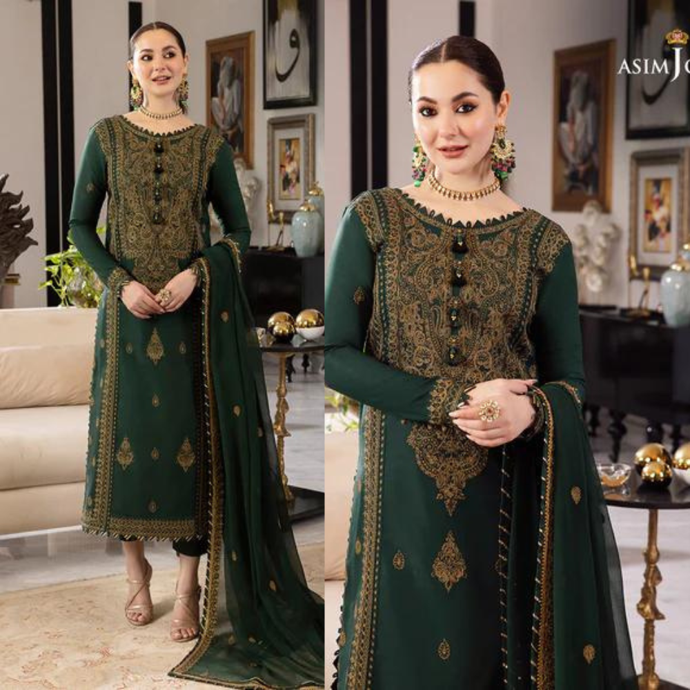zab720 Asim Jofa, unstitched 3 piece embroidered Dhanak suit