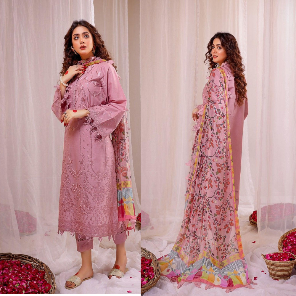 3PC Lawn Heavy Embroidered Shirt & Silk Digital Printed Dupatta. zab724