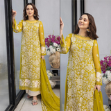 zab728 Azure -Embroidered 3pc Lawn dress with embroidered chiffon dupatta