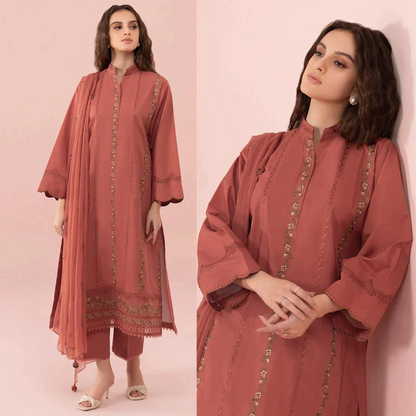 zab661/2 Sapphire- 3Pc Linen Embroidered Suit with Embroidered Bember  dupatta