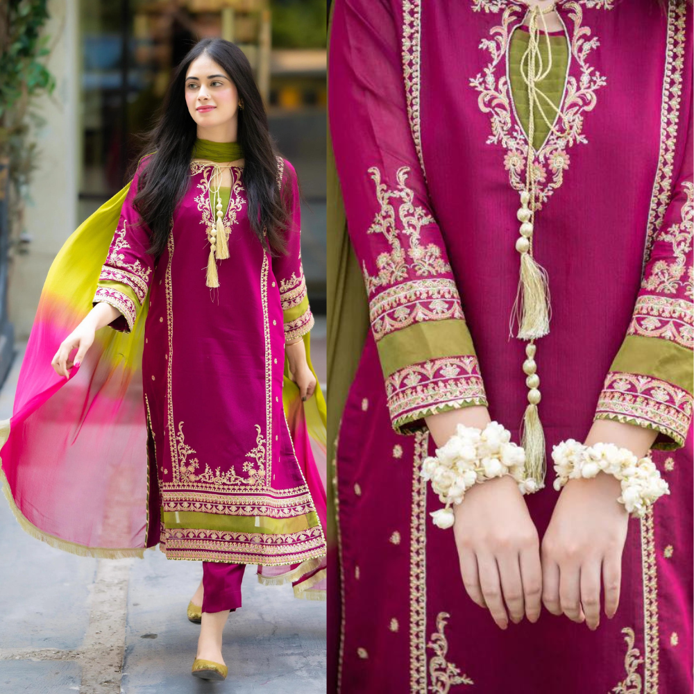 MEENA 3-PC Front fully lawn Emb with bamber chiffon dubbta Embroidered zab757