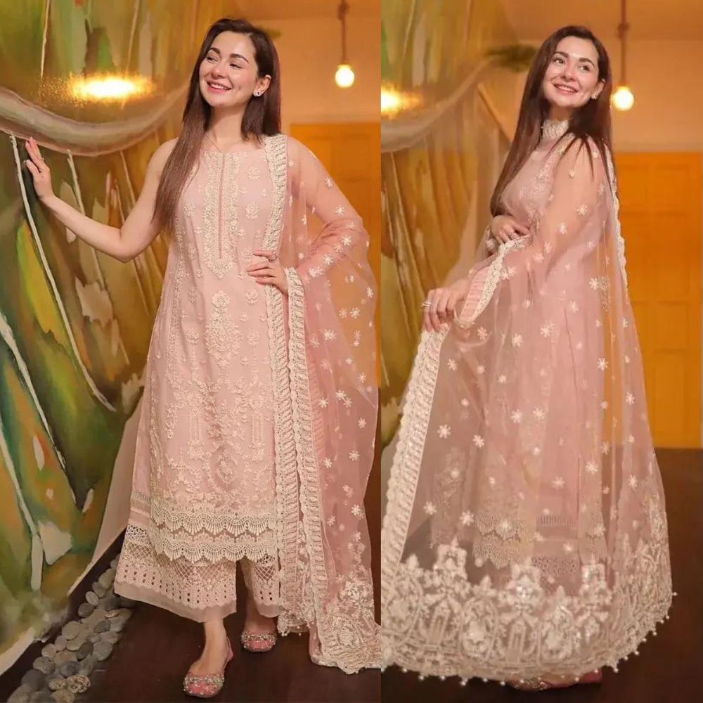 3 Piece Unstitched Heavy Embroidered Lawn Suit ( Fully Embroidered Organza Dupatta ) zab784
