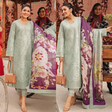 zab785 3 Piece Unstitched Heavy Embroidered Chickan Kari Lawn Suit ( Printed Silk Dupatta )