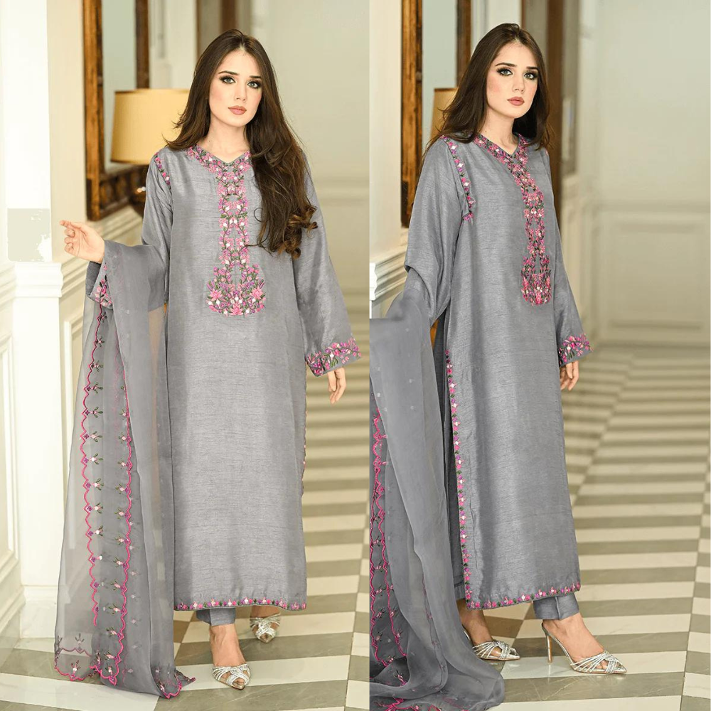 zab827 Winter Unstitched 3PCs Embroidered Dhanak Dress With Monar Embroidered Dupatta