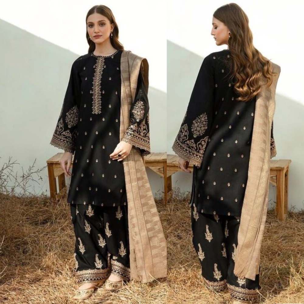 zab830 Winter Unstitched 3PCs Embroidered Dhanak Dress With Wool Shawl