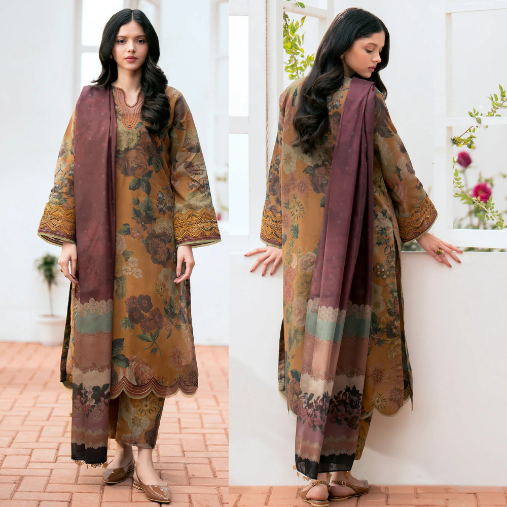 3 Piece Unstitched Swiss Lawn Suit ( Printed Monar Dupatta ) zab893