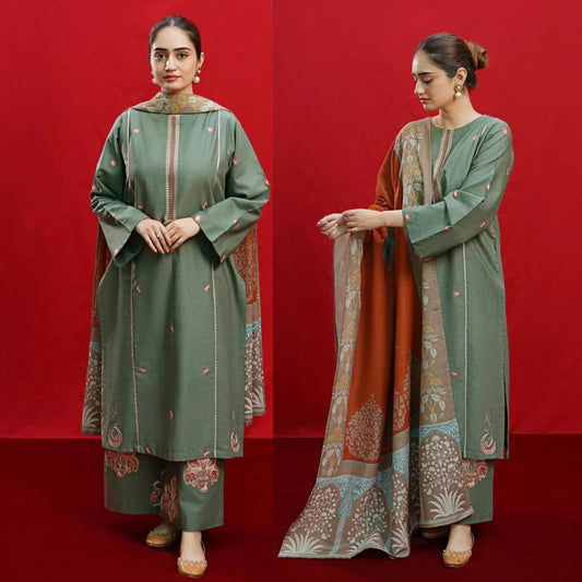 zab870 - 3PC DHANAK EMBROIDERED SHIRT WITH PASHMINA PRINT SHAWL