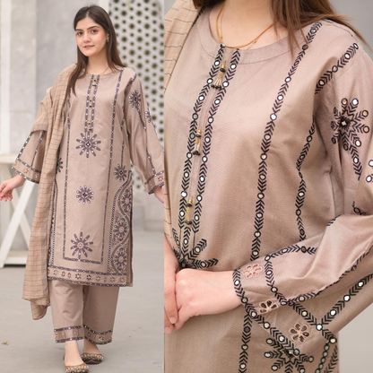 zab848 Dhanak Unstitched 3 Piece Embroidered Dress