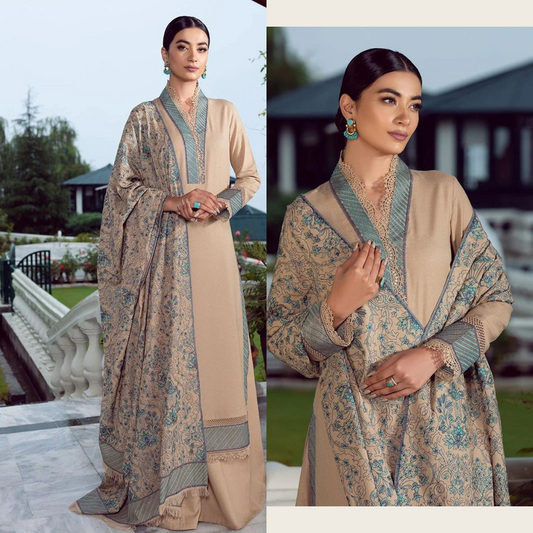 Zab2095 Bareeze Unstitched 3pcs Embroidered Dhanak Suit with Heavy Embroidered dhanak Shawl