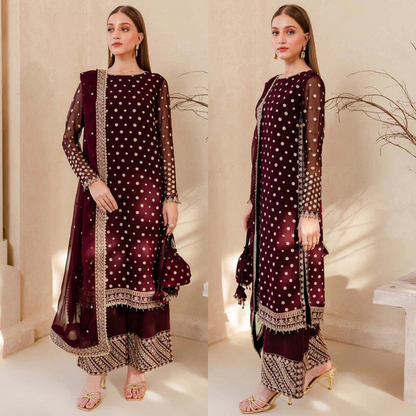 zab960 Winter Unstitched 3PCs Embroidered Velvet Dress With Embroidered Organza Dupatta